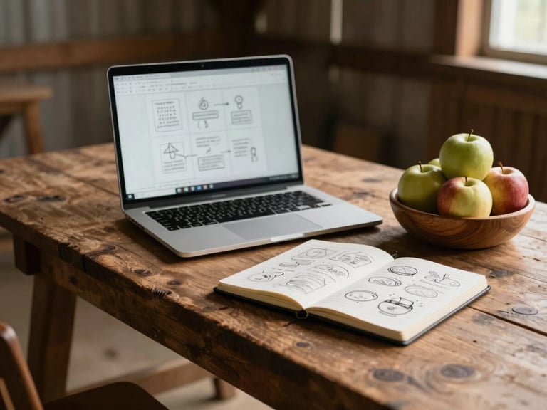 A rustic wooden table in a barn with a laptop, a notebook sketched with content ideas, and a wooden bowl of apples, warm morning light.