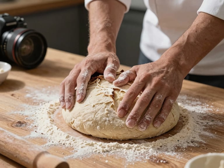 Moody natural light shining on a chef's flour-dusted hands kneading sourdough on a heavy wood prep table, camera lens pulling focus on the texture of the dough