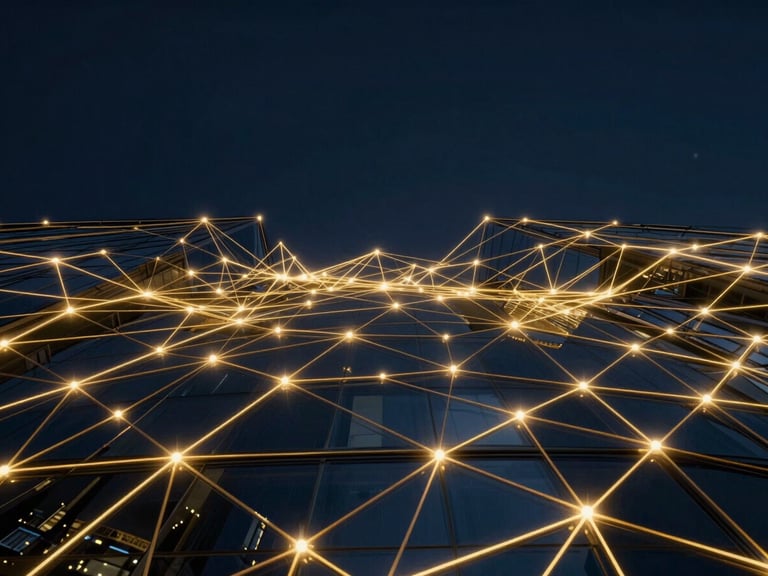 Abstract digital network glowing with gold lines over a deep navy background, representing data-driven market expansion, sleek corporate photography, sharp architectural lighting, wide-angle, cinematic 35mm.