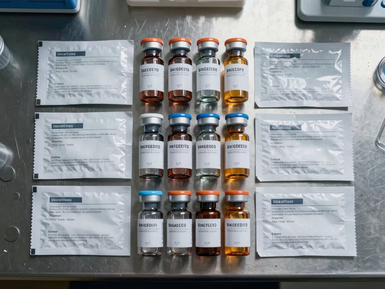 Top-down structured flat lay of medical-grade biological collection vials, sterile packaging, and clinical instructions arranged symmetrically on a dark steel lab bench