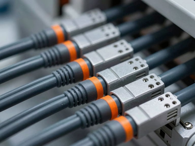 Close-up, high-contrast shot of perfectly managed structured cabling, deep slate gray cables, safety orange ties, cool industrial lighting, sharp focus on detail.