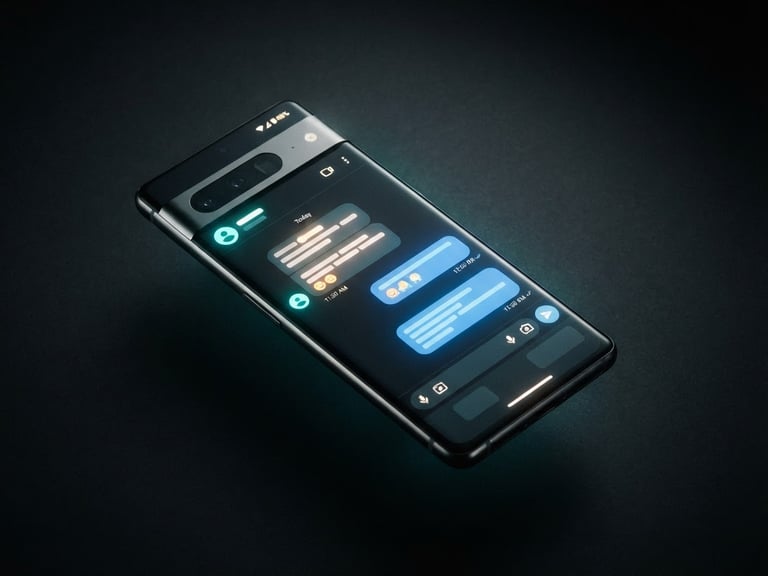 sleek digital product photography, moody low-key studio lighting, vibrant screen-glow highlights, crisp isometric angle of an Android phone displaying a clean support chat interface, 50mm