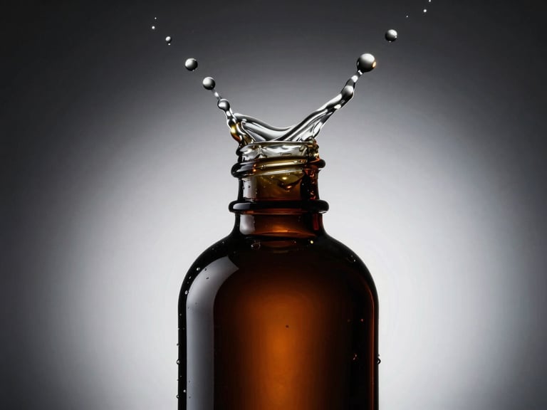 High-speed action shot of liquid splashing over a dark bottle, sleek commercial studio photography, dramatic high-contrast lighting, deep shadows, sharp focus, premium cinematic look, 35mm