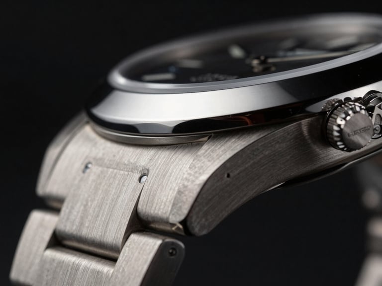 Extreme macro close-up of a luxury watch bezel with sharp studio lighting on a dark background, sleek commercial studio photography, dramatic high-contrast lighting, deep shadows, 35mm