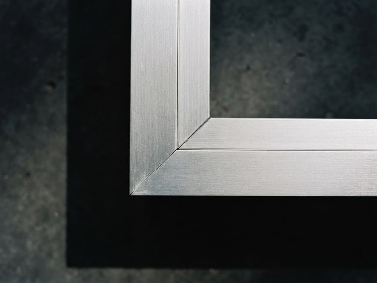 Close-up of a perfectly mitered aluminum joint under bright workshop lighting, sharp architectural shadows, minimalist composition, 35mm lens