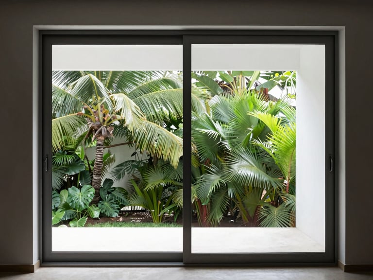 Interior view of a large sliding glass door with dark aluminum frame, showing the robust sealing mechanism and clean profile, bright interior light, outside tropical greenery, architectural photography, high-contrast, minimalist composition, 35mm lens.