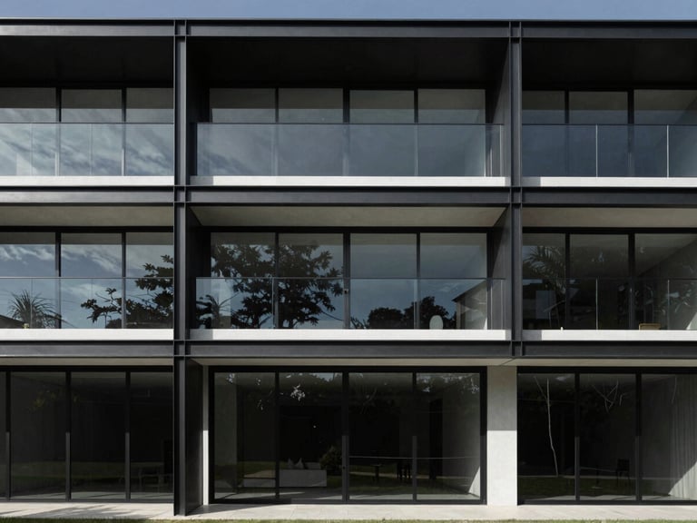 Wide shot of a modern residential facade with expansive glass panels and dark aluminum frames, seamlessly integrating indoor and outdoor spaces, sharp architectural shadows, Tangará da Serra landscape in background, architectural photography, high-contrast, minimalist composition, 35mm lens.