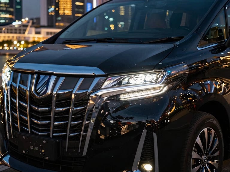 Close-up of a black Toyota Alphard AGH30 Modelista front grille and LED headlights, dramatic twilight city lights of Singapore, sharp reflections.