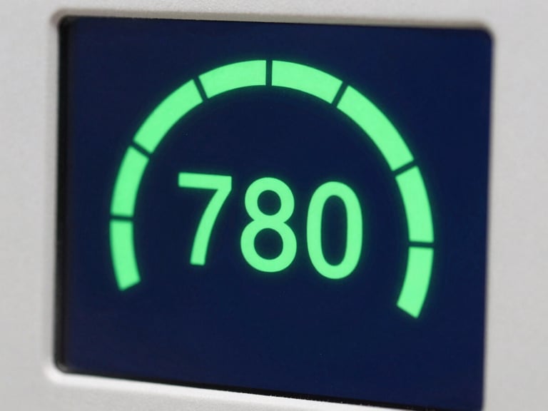 Sharp macro photograph of a high-fidelity digital interface displaying a credit score meter at 780, vibrant emerald green indicator, deep navy blue background, clean studio lighting.