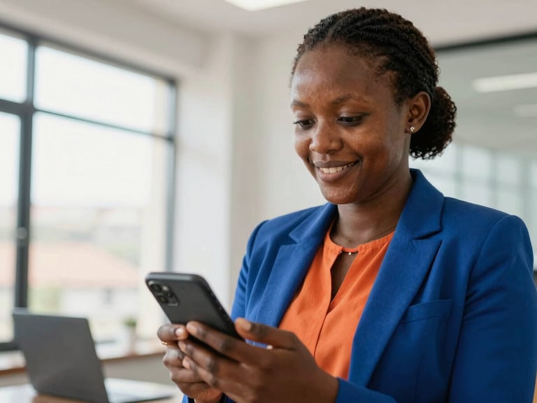 A close-up of a smiling Rwandan professional woman in a modern office in Kigali, holding a smartphone, bright natural daylight, warm editorial photography, rich corporate blue accents
