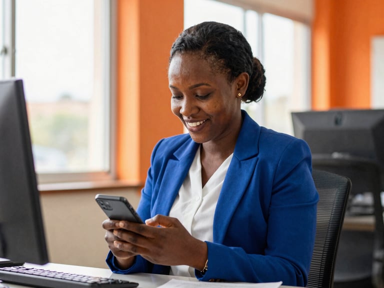 A professional Rwandan woman smiling while looking at her smartphone in a bright, naturally lit office in Kigali, warm orange accent tones, 35mm
