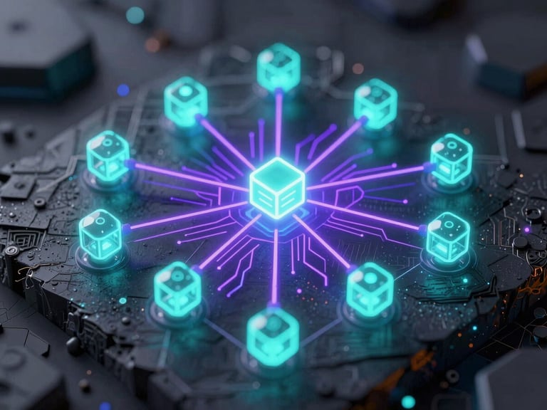 Macro isometric crop of a complex glowing API node network, neon cyan triggers and electric violet data paths on an obsidian background, technical vector line art style, emissive lighting, high fidelity.