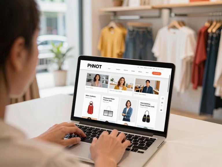 Over-the-shoulder shot of a local Indonesian shop owner using a laptop inside a bright, modern clothing boutique, displaying a clean campaign dashboard.