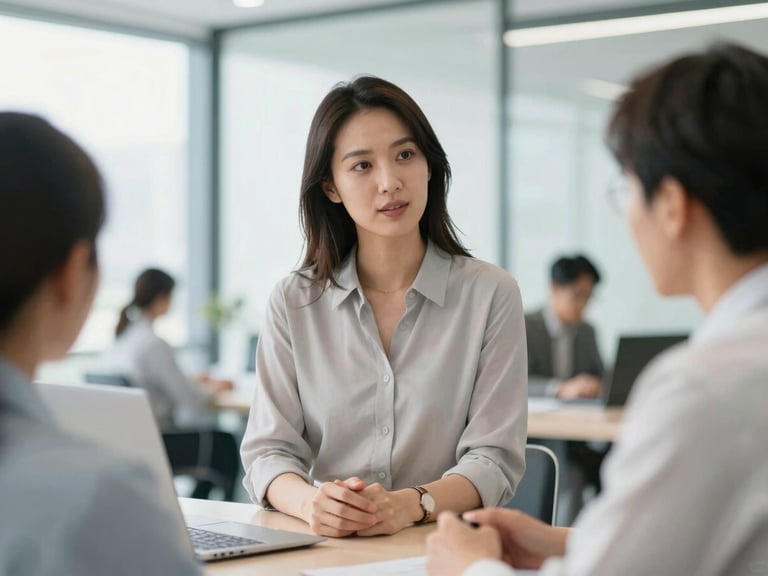 Medium close-up of a confident female leader facilitating a team discussion in a modern office, natural daylight, engaged team members, shallow depth of field, 35mm.