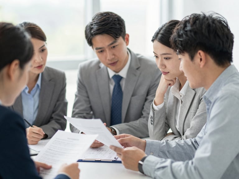 Candid moment of a small group of professionals collaborating closely around a table, sharing documents and discussing, natural daylight, focus on interaction, shallow depth of field, 35mm.