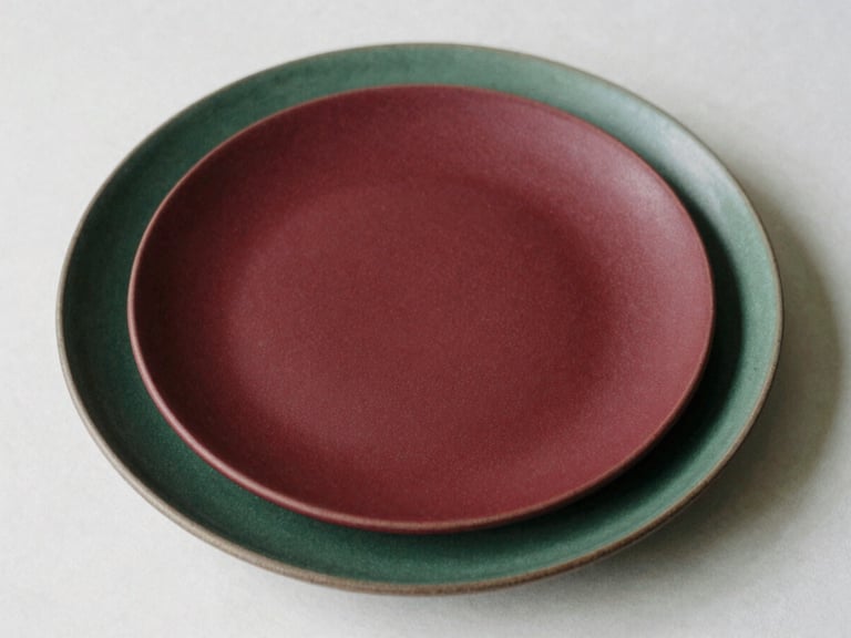 Overhead flat lay of a minimalist Scandinavian dish, soft natural side-light, deep crimson and forest green accent tones, matte finish, 35mm film style.