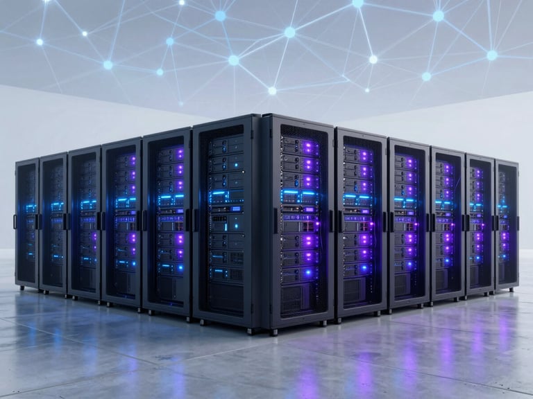 Wide panoramic view of a state-of-the-art secure enterprise server room, sleek server racks with blinking cool blue and purple LED indicators, pristine polished concrete floor, cinematic lighting, 8k