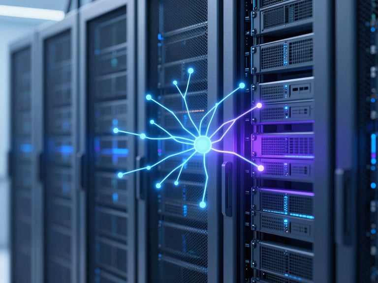 Macro shot of high-tech server racks in a clean modern data center, cool blue ambient light, depth of field, 8k