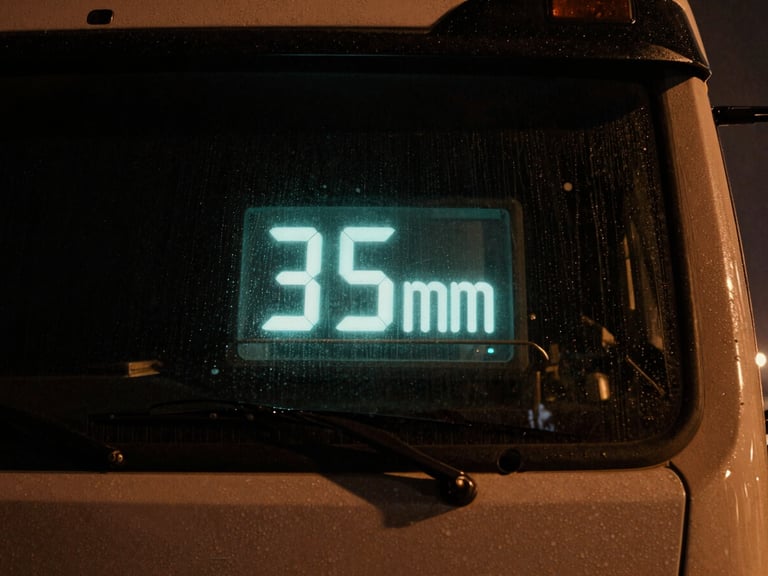 Close-up of a reefer unit's digital temperature display on a heavy-duty truck, rain streaking the glass, dramatic low-key lighting, deep charcoal and amber tones, high contrast, 35mm