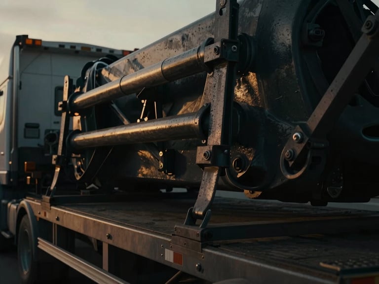 Close-up of a step deck trailer loaded with heavy machinery, industrial tie-downs visible, dramatic low-key lighting, gritty overcast weather, deep charcoal and amber tones, high contrast, 35mm cinematic commercial photography