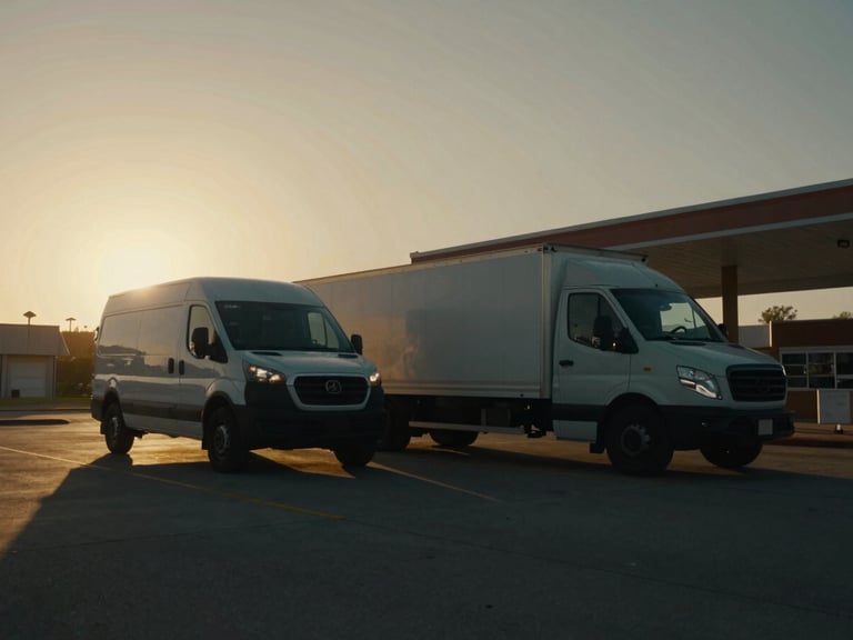 Wide angle view of a dry van and a flatbed truck parked side-by-side on a highway rest stop at golden hour, low sun flare, deep charcoal and amber tones, high contrast, 35mm cinematic commercial photography