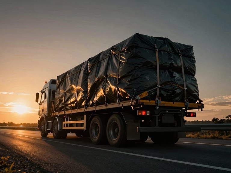 Dramatic low-angle shot of a heavy-duty flatbed truck with a large, secured load, tie-downs visible, on an open highway at sunset, golden hour sun flare, deep charcoal and amber tones, high contrast, 35mm