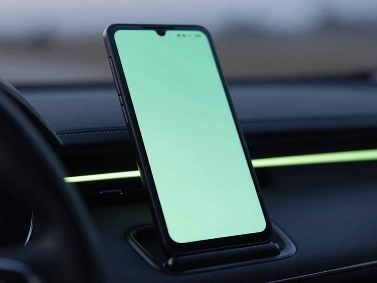 Moody automotive photography, close-up of a clean Android device mounted on a dark dashboard at twilight, soft mint-green glow from the screen, shallow depth of field
