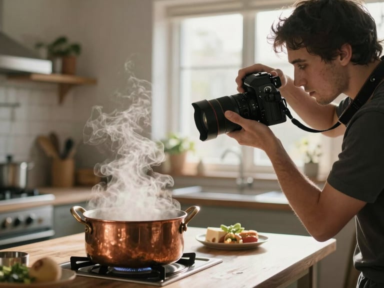 A creative director holding a professional camera, directing a food shoot in a sunlit rustic kitchen, soft natural light, steam rising from a copper pot.