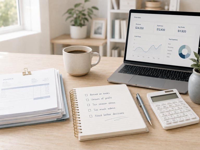 Small business bookkeeping checklist on an organized office desk