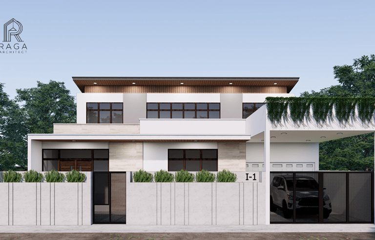 Hunian modern dua lantai dengan pencahayaan alami dan atap datar, rancangan Raga Architect untuk Mrs