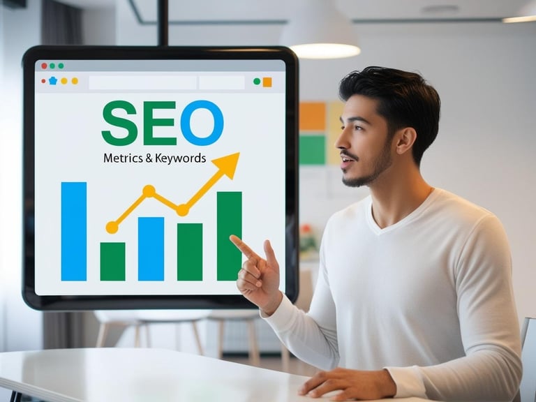 a man in a white shirt is pointing at a screen with a seo search