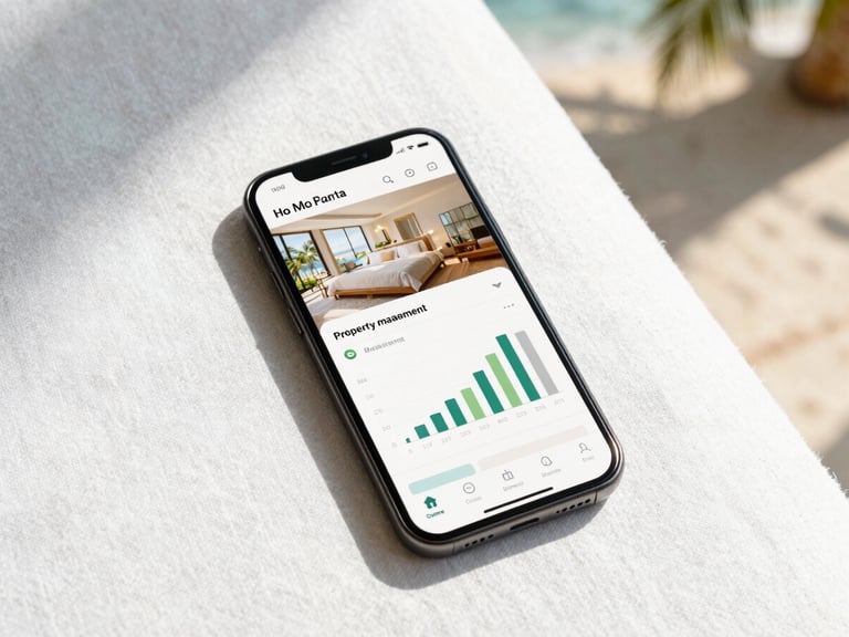 A clean, modern smartphone displaying a real-time property management dashboard with occupancy graphs, resting on a crisp white linen surface under soft Caribbean morning light