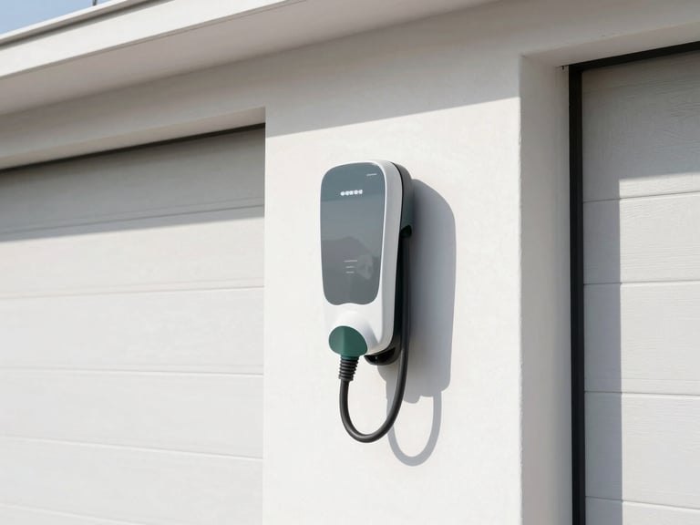 Modern EV charger installed neatly on a clean garage wall, architectural lighting, sharp focus, bright natural daylight.