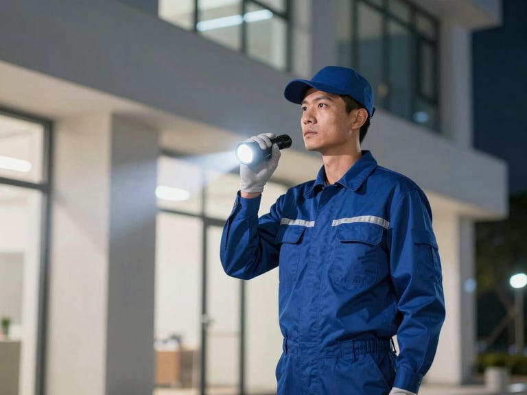 Electrician in clean uniform responding to an emergency call at night, holding a flashlight, professional and focused, crisp editorial photography.