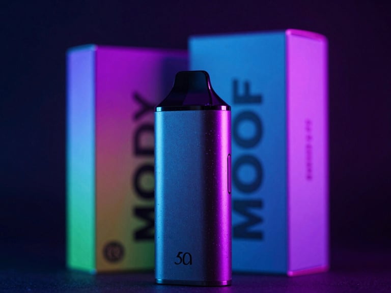 Moody close-up of sleek vape hardware and colorful flavor packaging under vibrant neon purple and cyan LED lights, dark atmospheric background, sharp macro focus, 35mm
