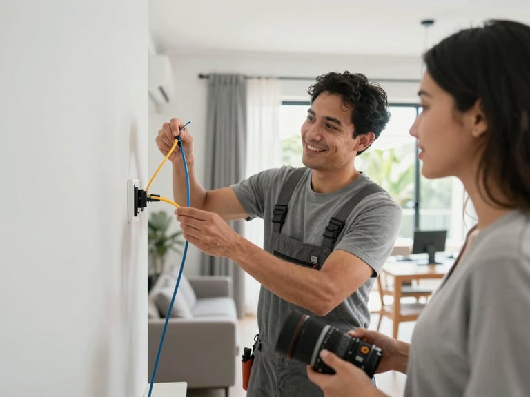 Professional COPANET technician installing a fiber optic cable neatly in a modern Mexican home, smiling and interacting with a homeowner, natural daylight, 35mm lens.
