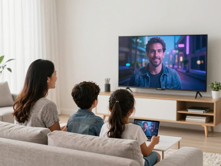 Happy Mexican family (parents and two children) watching a movie on a smart TV in a bright living room, all connected to devices, natural daylight, cool tech accents.