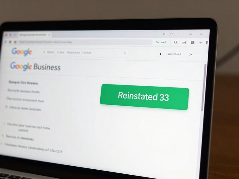 A clean, redacted screenshot of a Google Business Profile dashboard displaying a bright green 'Reinstated' status badge, natural lighting, high-trust interface.