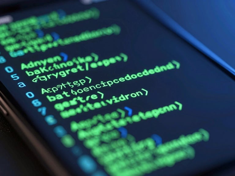 Sleek dark-mode 3D render of an Android device screen showing glowing green code lines, neon emissive blue highlights, extreme close-up, macro depth of field