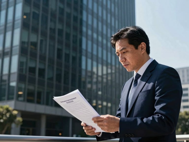 Professional in focused discussion, reviewing environmental regulations documents, modern CDMX corporate office background, cool daylight, high contrast.