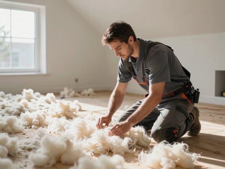 Professional installer in clean uniform insulating a modern attic floor with white mineral wool, soft natural daylight, high-end technical execution, 35mm photography