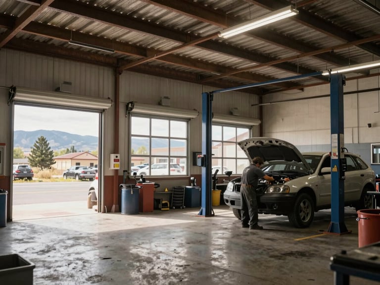 Wide shot of a local Colorado auto repair shop bay with roll-up doors open, natural daylight, mechanic working on a vehicle.