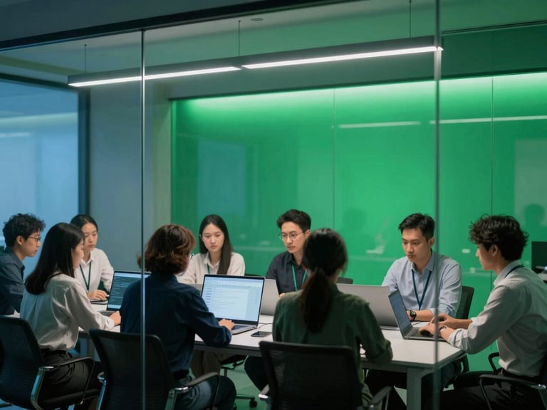 Collaborative technical team working in a modern glass boardroom, architectural lighting, emerald green accents, high contrast, 35mm