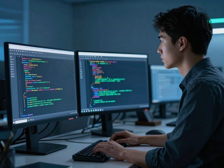 Professional developer analyzing lines of code on a high-contrast monitor in a dark, clean office environment, cool blue tones, 35mm