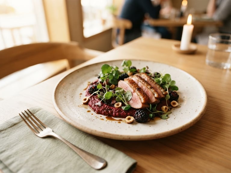 A close-up of a minimalist Scandinavian restaurant table, soft natural window light, a single ceramic plate with a beautifully arranged dish, crimson and forest green accents, 35mm photography