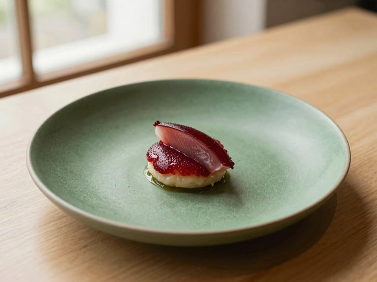 An elegant chef plating a minimalist dish in a contemporary restaurant with warm natural light, forest green ceramic plate, matte finishes, 35mm
