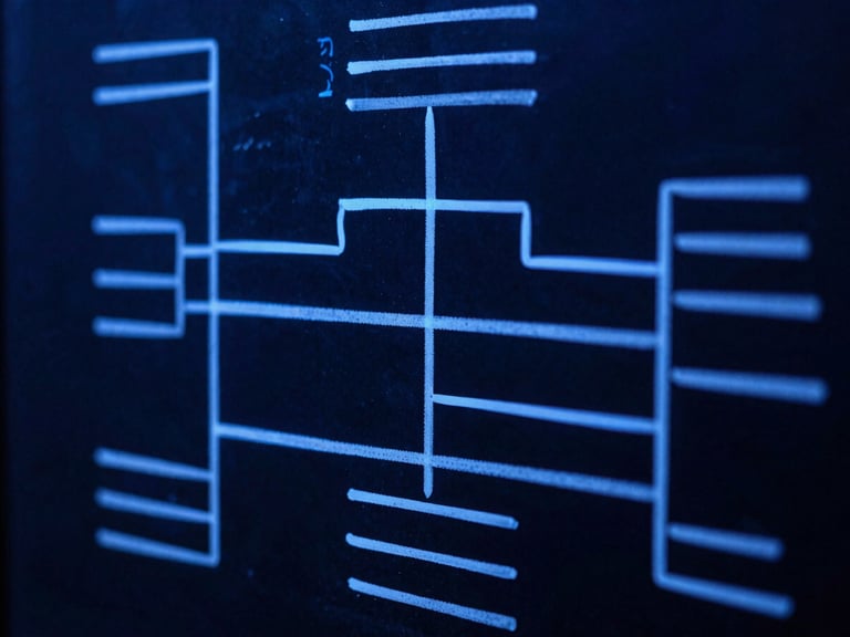 Close-up of a complex system architecture diagram hand-drawn on a glass whiteboard, glowing sharp electric-indigo marker lines, deep slate background, macro lens, high contrast