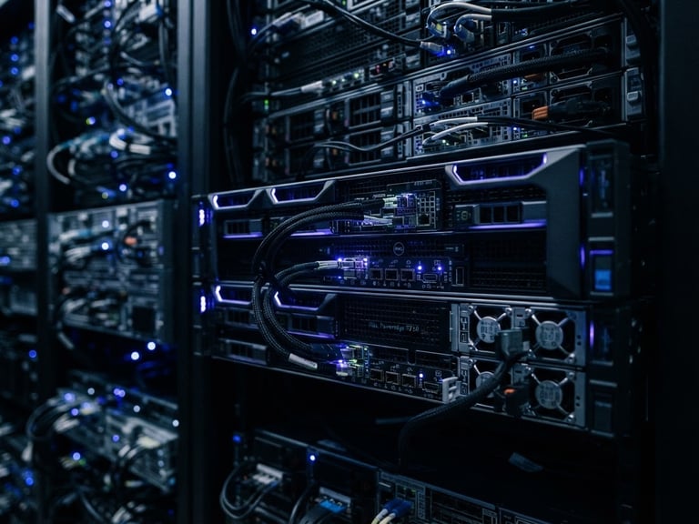 Macro shot of high-end server racks with sharp electric-indigo LED accent lights, cool blue and deep charcoal tones, high contrast, 35mm photography