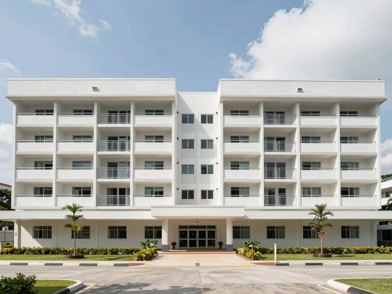 Wide-angle architectural photograph of a modern, clean dormitory building in Singapore under bright daylight, straight-on framing.