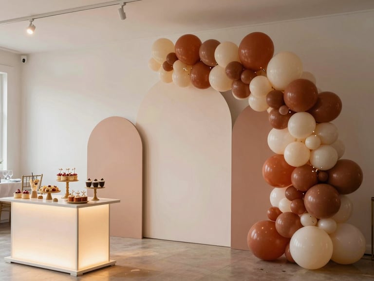 Wide environmental shot of the same event hall after a full PARTY COLORS installation — sculptural balloon arch in terracotta and cream, styled backdrop with layered panels, illuminated sweet table in the foreground, soft warm natural light, pristine pre-party stillness, every element intentional